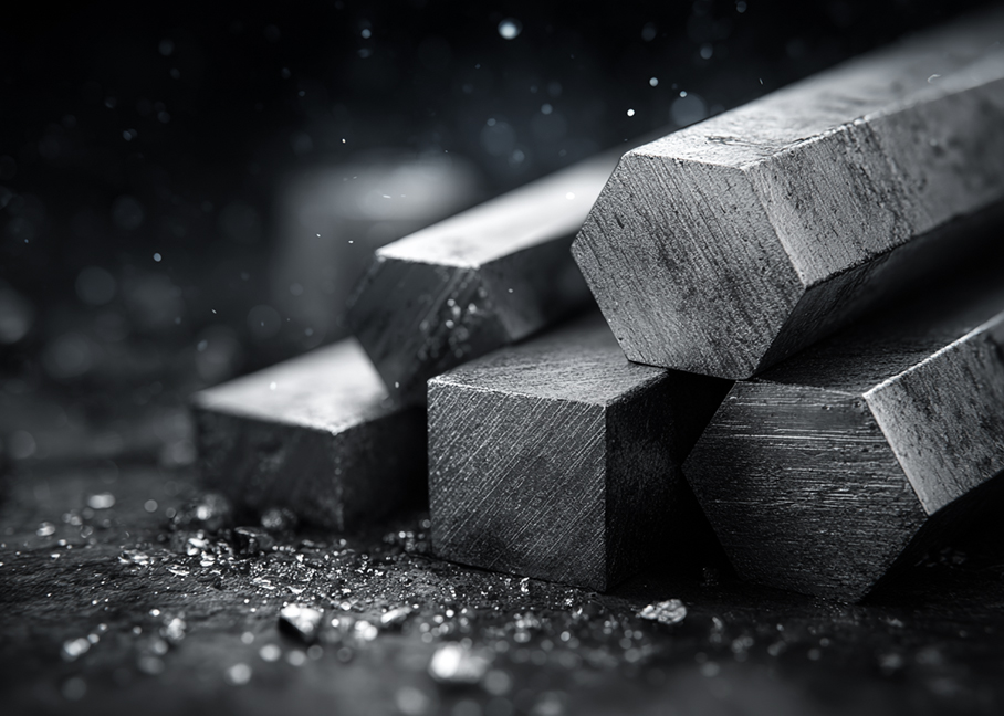 OVVO Optics Ti2 stacked hexagonal titanium bars on a dark industrial surface