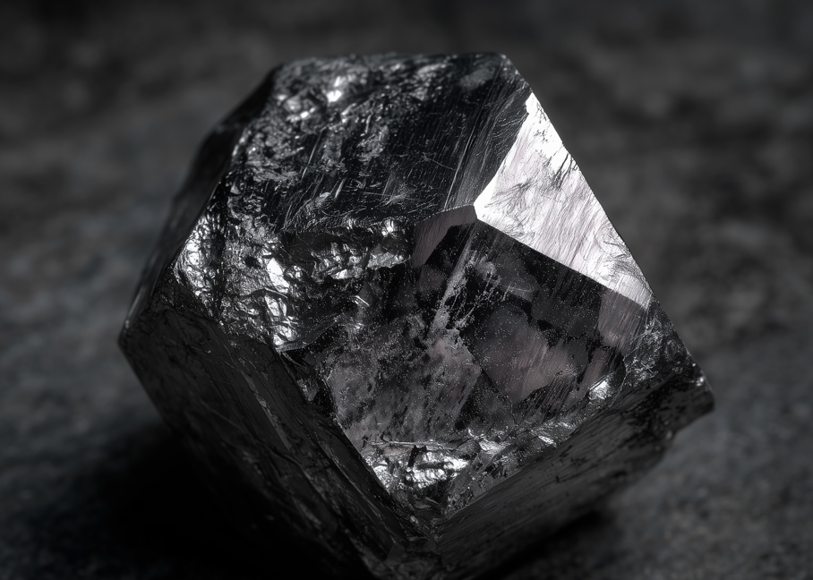OVVO Optics Ti2 close-up of a raw titanium crystal with reflective metallic facets