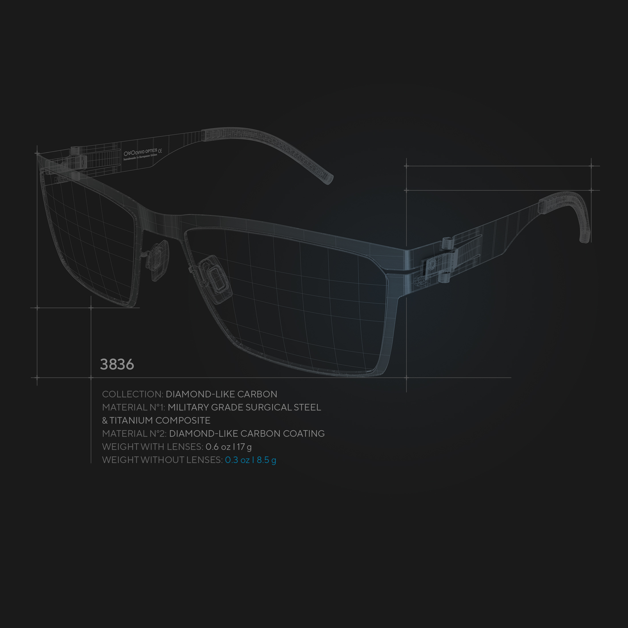 Mobile version of the technical drawing for OVVO Diamond-like Carbon frame construction.