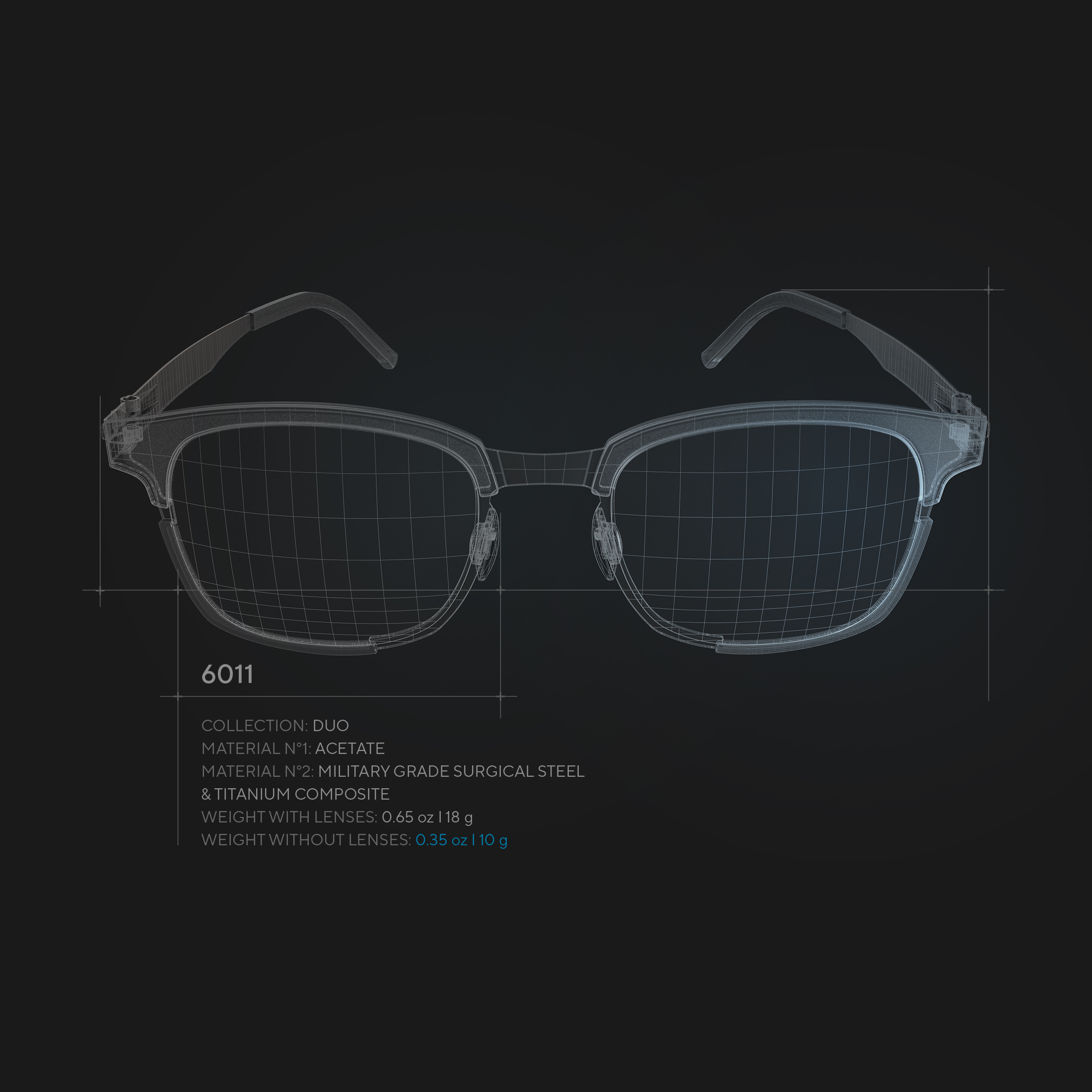 Technical sketch of OVVO Duo frame design and screwless hinge architecture optimized for mobile.