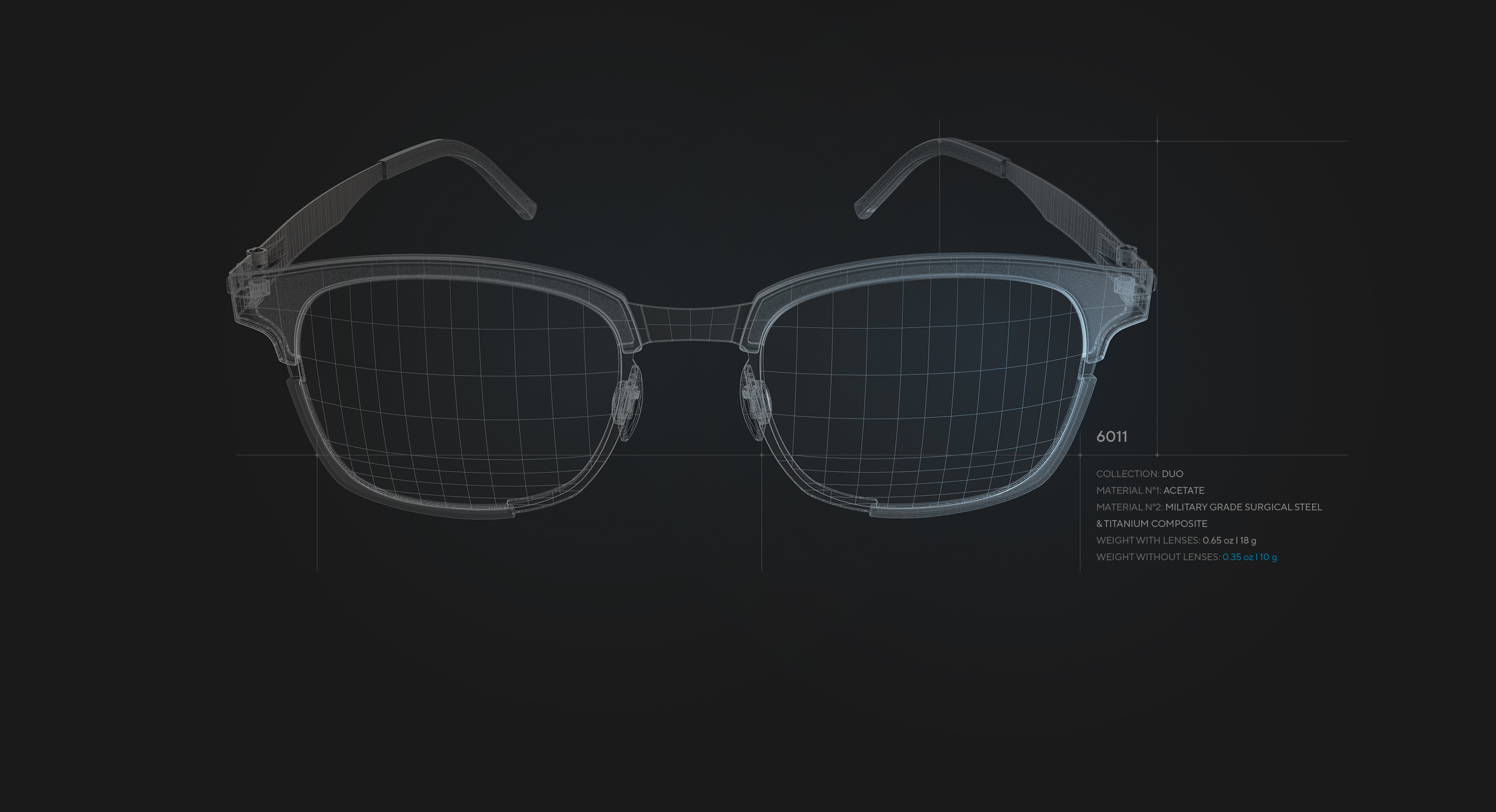 Technical engineering drawing showing the construction of the Duo collection's acetate and steel frames.