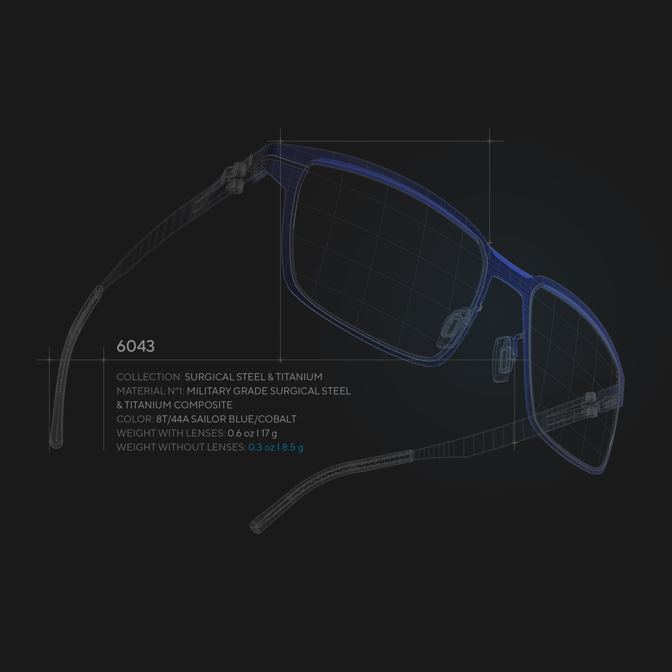 Mobile-optimized technical drawing of the OVVO Optics frame construction and materials.