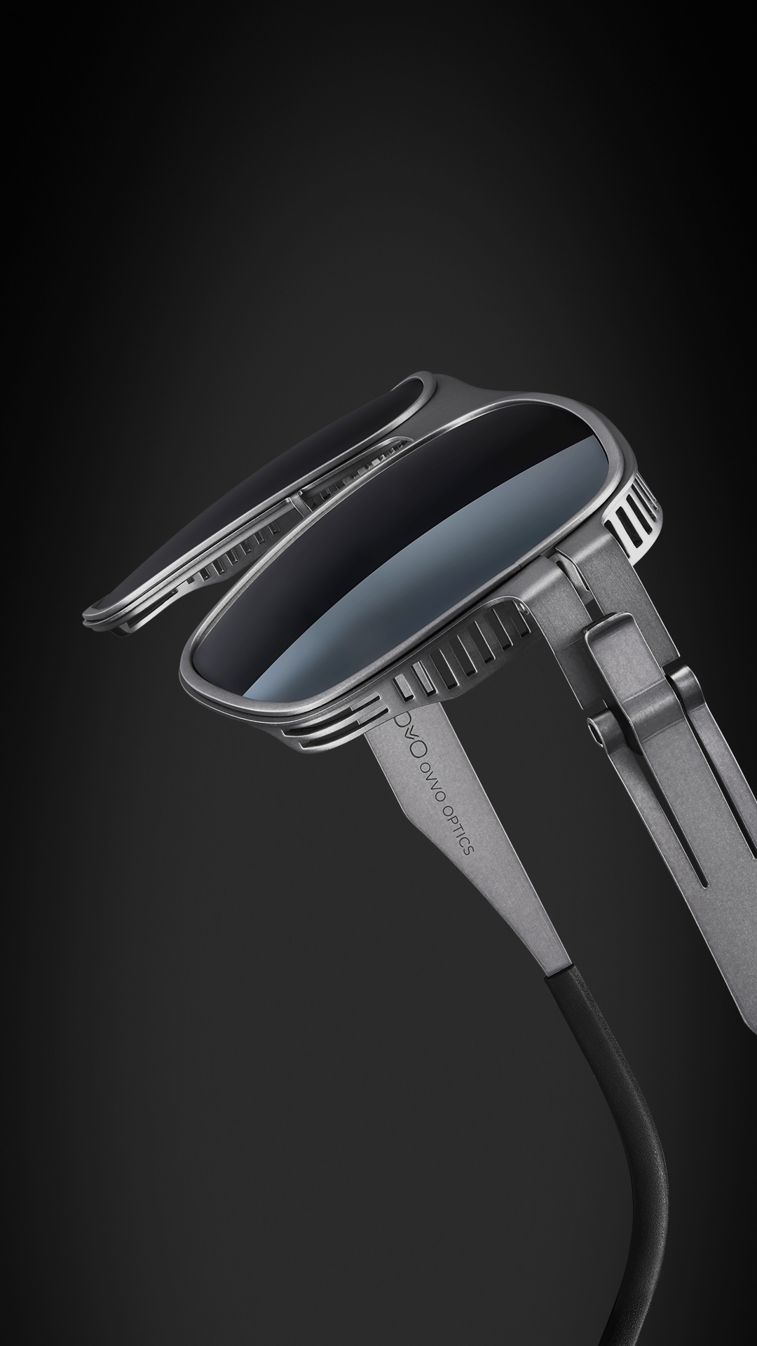 OVVO Optics Ti2 close-up of Helios sunglasses showing the precision-engineered titanium ring detail