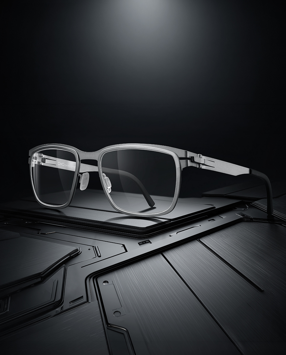 OVVO Optics Ti2 Hyperion optical frame studio product shot on a dark technical surface