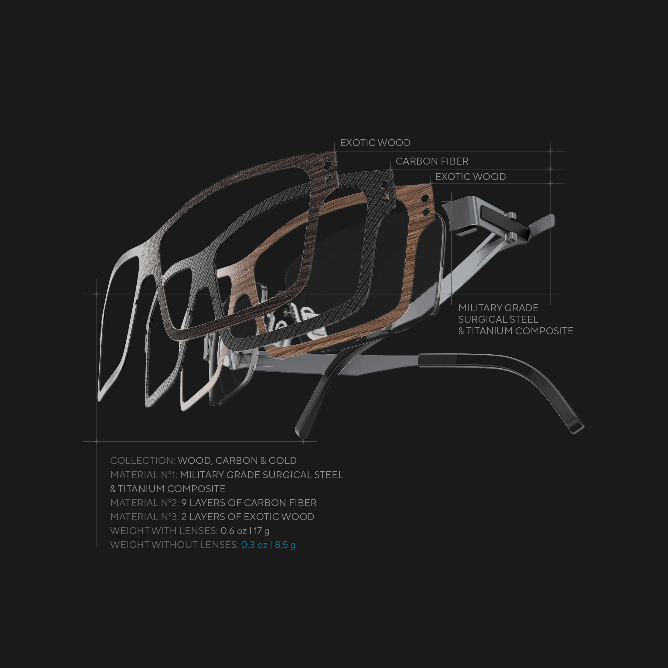 Mobile-optimized technical drawing of the Wood & Carbon Fiber frame construction.