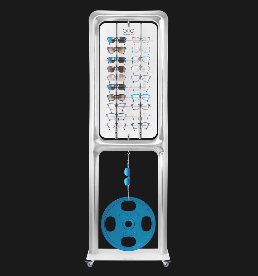 Expanded 40-piece double-sided floor display for comprehensive optical frame presentation.